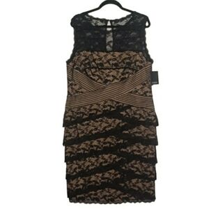 MARINA Floral Black Lace Nude Tan Lined Sleeveless Cocktail Dress 14W NWT